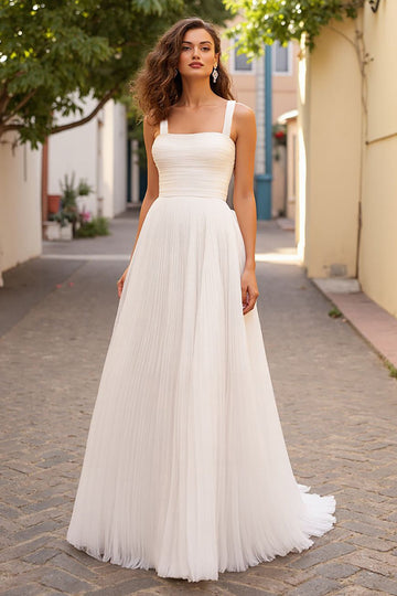 Ivory Square Neck A Line Long Wedding Dress